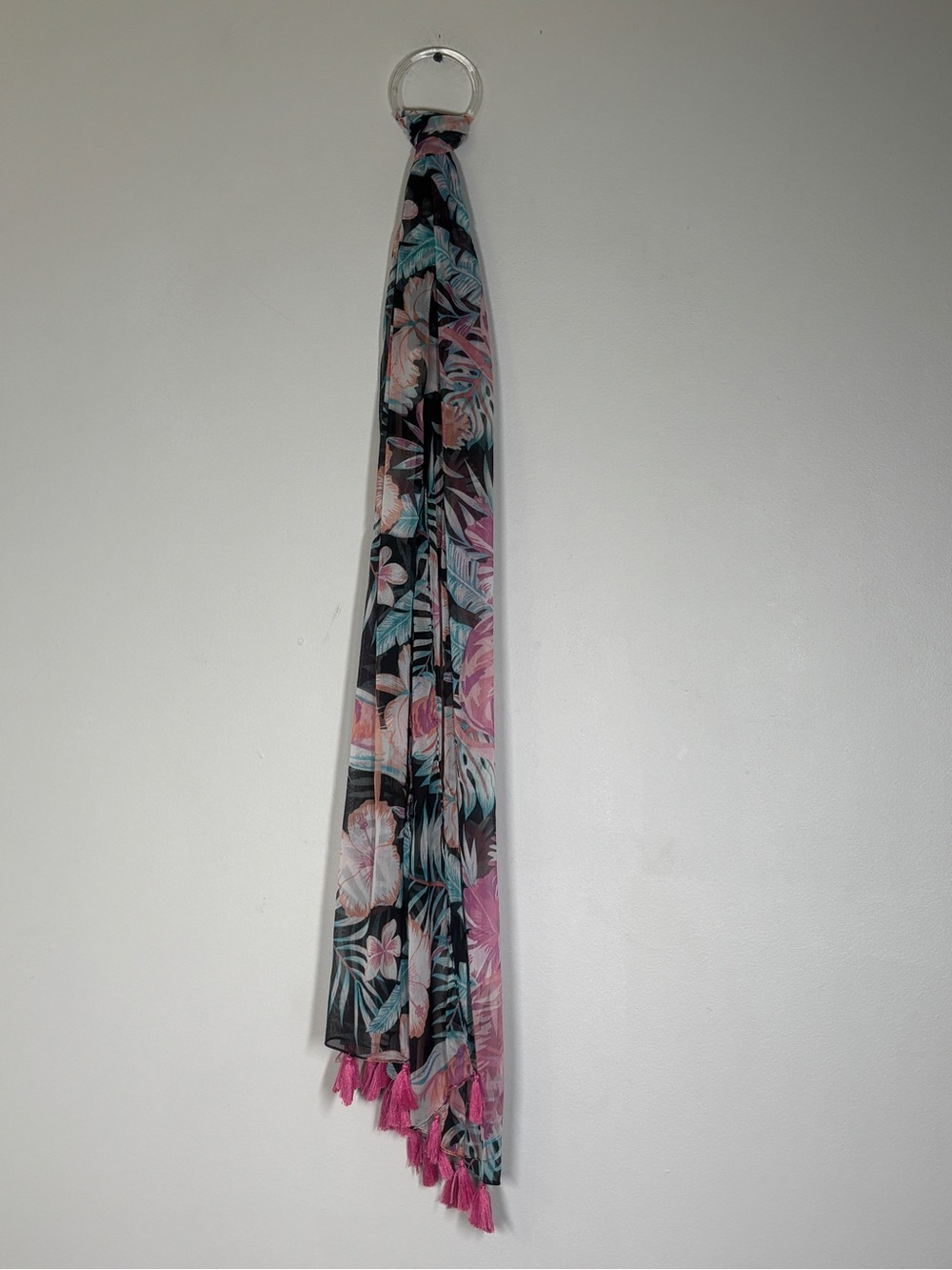 Christopher & Banks Floral Tassel Scarf in Black, Pink & Teal